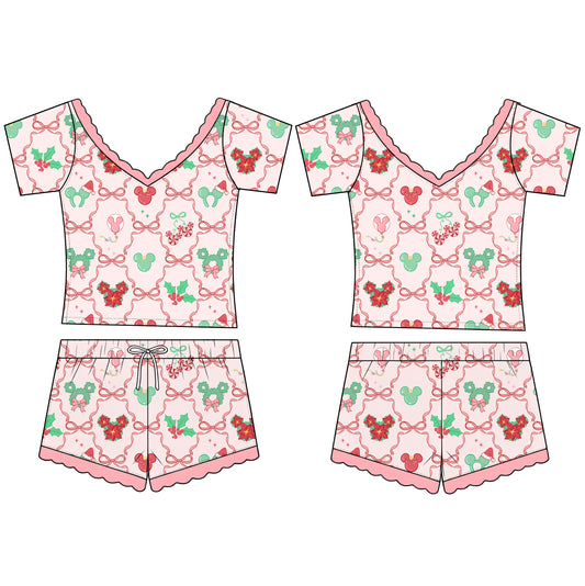 “Bows, Candy Canes & Mistletoe OH MY!”   
2 Pc NEW Short Sleeve  Sleepie Set (Pre-Order)